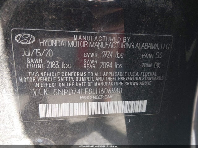 45179992 :رقم المزاد ، 5NPD74LF8LH606948 vin ، 2020 Hyundai Elantra Se مزاد بيع