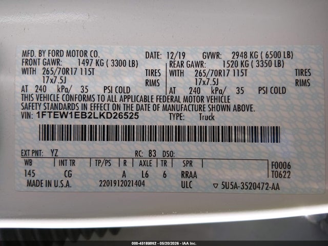 45180012 :رقم المزاد ، 1FTEW1EB2LKD26525 vin ، 2020 Ford F-150 Xl مزاد بيع