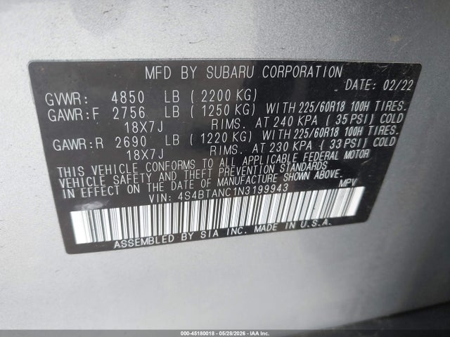 Aukcja sprzedaży 2022 Subaru Outback Limited, vin: 4S4BTANC1N3199943, numer aukcji: 45180018