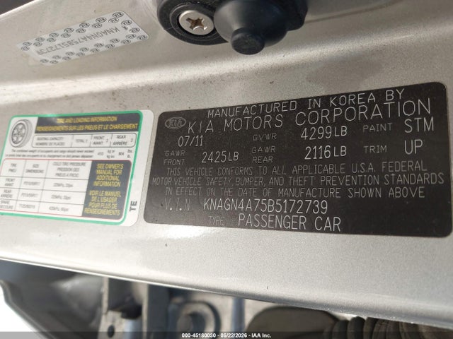 45180030 :رقم المزاد ، KNAGN4A75B5172739 vin ، 2011 Kia Optima Ex مزاد بيع