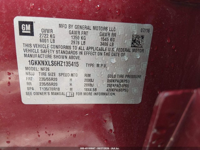 2017 Gmc Acadia Denali მანქანა იყიდება აუქციონზე, vin: 1GKKNXLS6HZ135415, აუქციონის ნომერი: 45180047