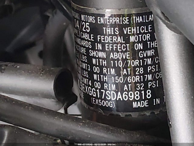 2025 Kawasaki Ex500 მანქანა იყიდება აუქციონზე, vin: ML5EXGG17SDA69818, აუქციონის ნომერი: 45180048