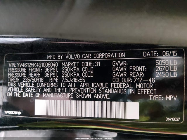 45180049 :رقم المزاد ، YV4612HK4G1006040 vin ، 2016 Volvo V60 Cross Country T5 مزاد بيع