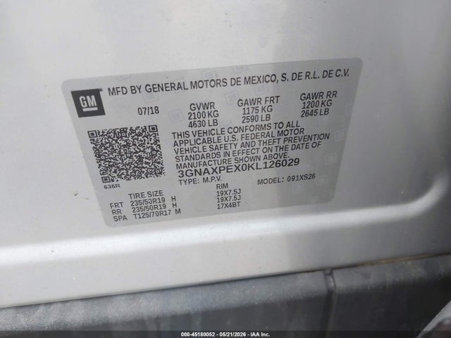 Aukcja sprzedaży 2019 Chevrolet Equinox Premier, vin: 3GNAXPEX0KL126029, numer aukcji: 45180052