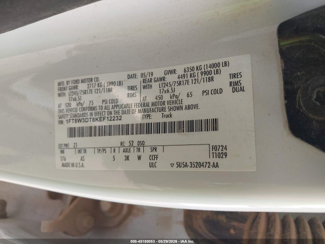 2019 Ford F-350 Xl მანქანა იყიდება აუქციონზე, vin: 1FT8W3DT8KEF12232, აუქციონის ნომერი: 45180053