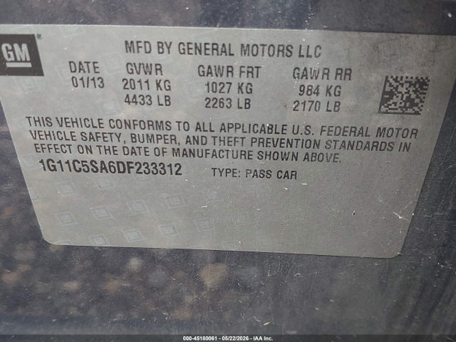 2013 Chevrolet Malibu 1lt მანქანა იყიდება აუქციონზე, vin: 1G11C5SA6DF233312, აუქციონის ნომერი: 45180061