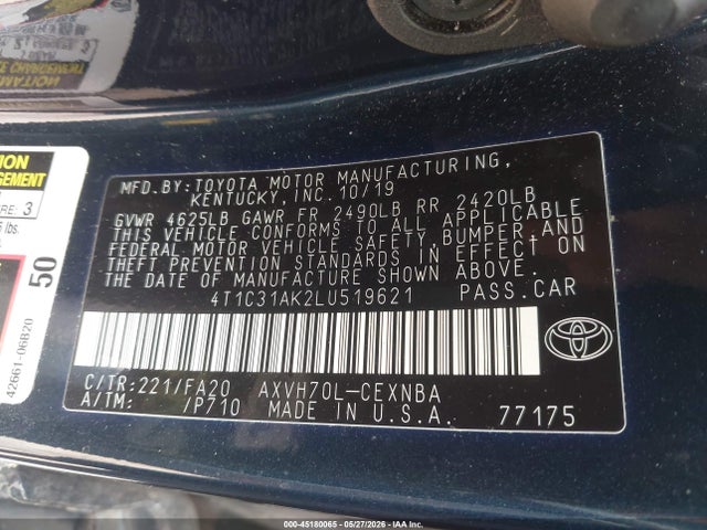 Продаж на аукціоні авто 2020 Toyota Camry Le Hybrid, vin: 4T1C31AK2LU519621, номер лоту: 45180065