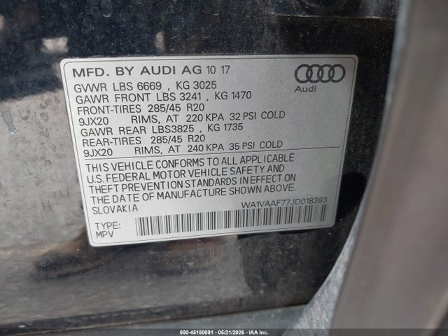 Auction sale of the 2018 Audi Q7 3.0t Premium, vin: WA1VAAF77JD018383, lot number: 45180091