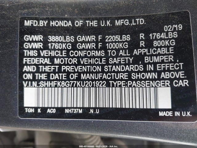 Продажа на аукционе авто 2019 Honda Civic Type R Touring, vin: SHHFK8G77KU201922, номер лота: 45180088