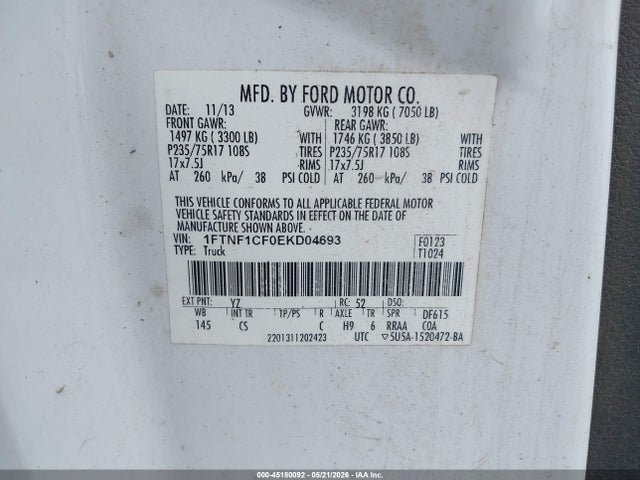 Aukcja sprzedaży 2014 Ford F-150 Xl, vin: 1FTNF1CF0EKD04693, numer aukcji: 45180092