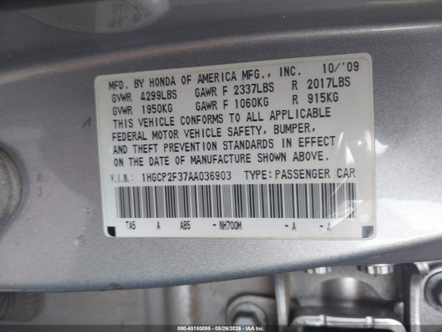Продаж на аукціоні авто 2010 Honda Accord 2.4 Lx, vin: 1HGCP2F37AA036903, номер лоту: 45180095