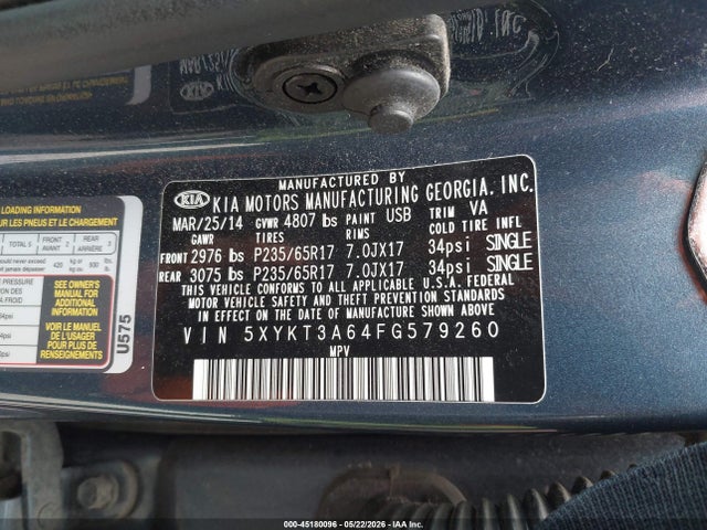 Продажа на аукционе авто 2015 Kia Sorento Lx, vin: 5XYKT3A64FG579260, номер лота: 45180096