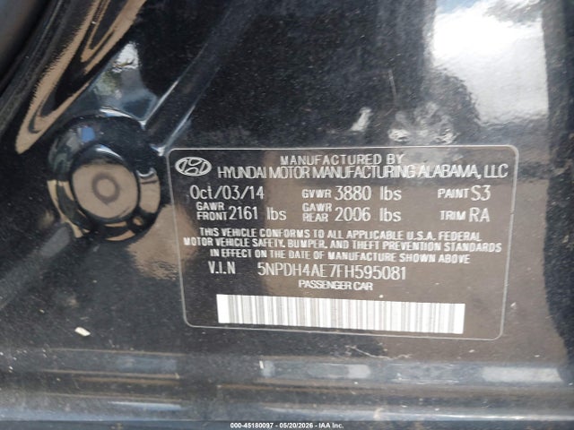 45180097 :رقم المزاد ، 5NPDH4AE7FH595081 vin ، 2015 Hyundai Elantra Se مزاد بيع
