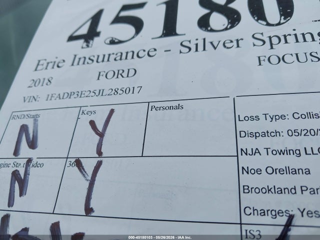 2018 Ford Focus S მანქანა იყიდება აუქციონზე, vin: 1FADP3E25JL285017, აუქციონის ნომერი: 45180103