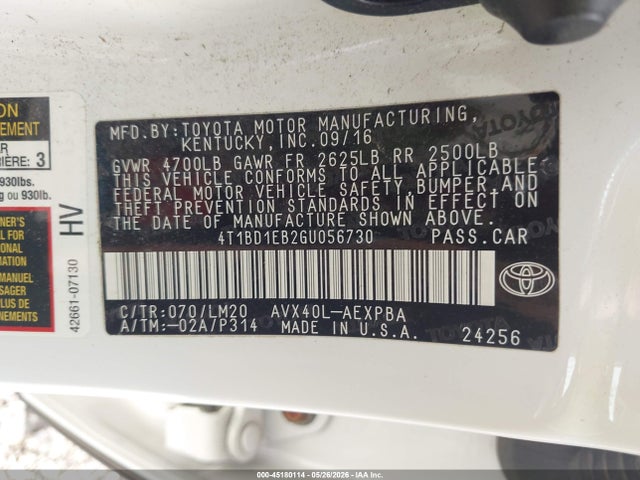 45180114 :رقم المزاد ، 4T1BD1EB2GU056730 vin ، 2016 Toyota Avalon Hybrid Limited مزاد بيع