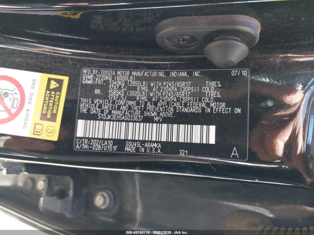 Aukcja sprzedaży 2010 Toyota Highlander Se V6, vin: 5TDJK3EH5AS033637, numer aukcji: 45180118