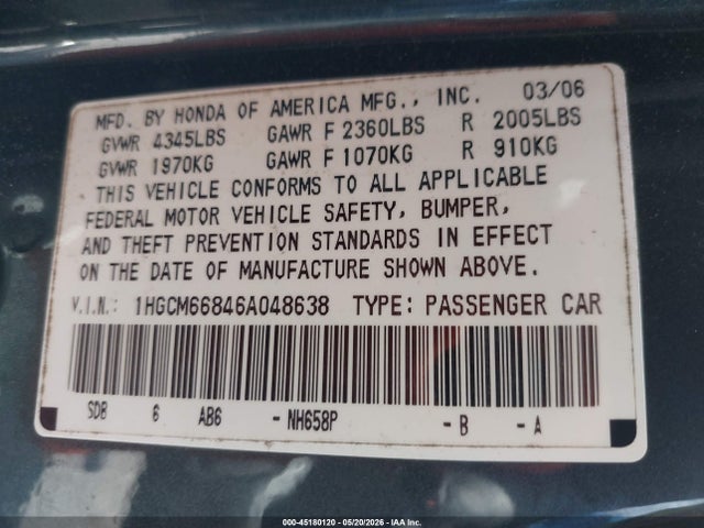 45180120 :رقم المزاد ، 1HGCM66846A048638 vin ، 2006 Honda Accord 3.0 Ex مزاد بيع