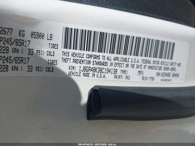 45180122 :رقم المزاد ، 1J8GR48K38C194138 vin ، 2008 Jeep Grand Cherokee Laredo مزاد بيع