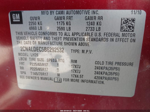 Aukcja sprzedaży 2011 Chevrolet Equinox 1lt, vin: 2CNALDEC5B6292532, numer aukcji: 45180123