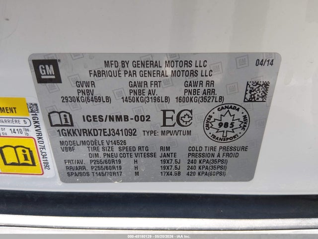 GMC Acadia Slt-1 2014 1GKKVRKD7EJ341092 Image 9