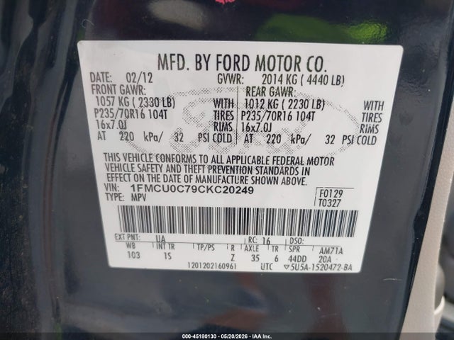 45180130 :رقم المزاد ، 1FMCU0C79CKC20249 vin ، 2012 Ford Escape Xls مزاد بيع