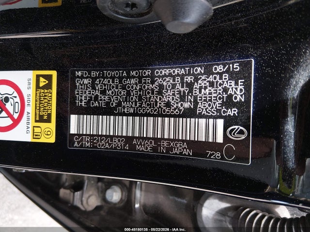 Продажа на аукционе авто 2016 Lexus Es 300h, vin: JTHBW1GG9G2105567, номер лота: 45180135