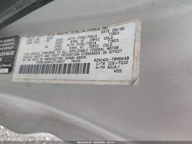 2000 Toyota Tacoma მანქანა იყიდება აუქციონზე, vin: 5TENL42N4YZ713637, აუქციონის ნომერი: 45180140
