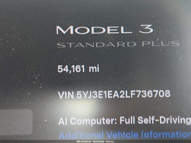 Aukcja sprzedaży 2020 Tesla Model 3 Standard Range Plus Rear-wheel Drive/standard Range Rear-wheel Drive, vin: 5YJ3E1EA2LF736708, numer aukcji: 45180142