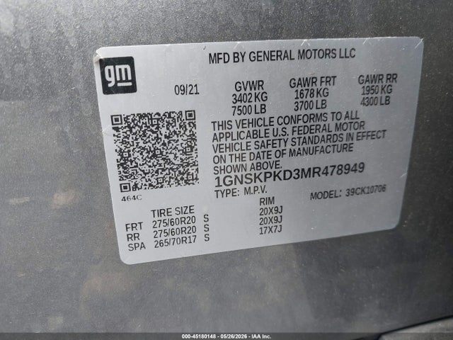 Aukcja sprzedaży 2021 Chevrolet Tahoe 4wd Z71, vin: 1GNSKPKD3MR478949, numer aukcji: 45180148
