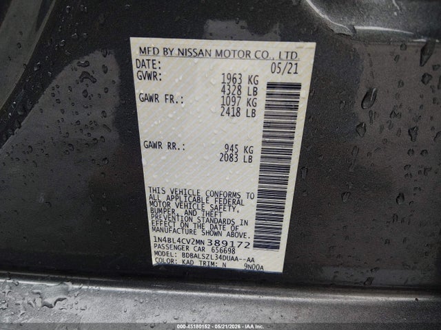 2021 Nissan Altima Sr Fwd მანქანა იყიდება აუქციონზე, vin: 1N4BL4CV2MN389172, აუქციონის ნომერი: 45180152