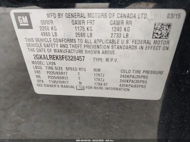 2015 Gmc Terrain Sle-2 მანქანა იყიდება აუქციონზე, vin: 2GKALREK8F6328457, აუქციონის ნომერი: 45180155