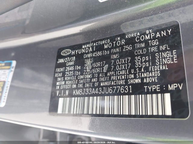 2018 Hyundai Tucson Sel მანქანა იყიდება აუქციონზე, vin: KM8J33A43JU677631, აუქციონის ნომერი: 45180158