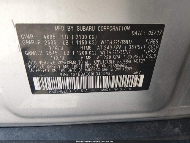 Продажа на аукционе авто 2017 Subaru Outback 2.5i Premium, vin: 4S4BSACC0H3410995, номер лота: 45180170