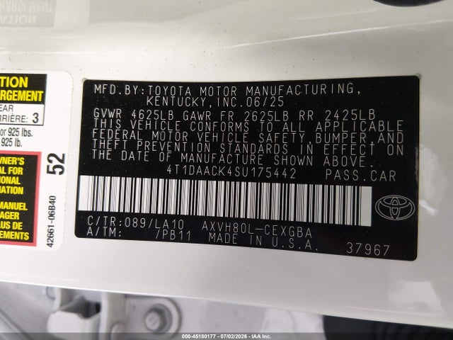 Продажа на аукционе авто 2025 Toyota Camry Xle, vin: 4T1DAACK4SU175442, номер лота: 45180177
