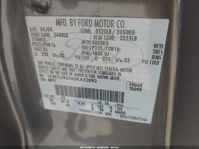 45180178 :رقم المزاد ، 1FMYU93165KA52093 vin ، 2005 Ford Escape Xlt مزاد بيع