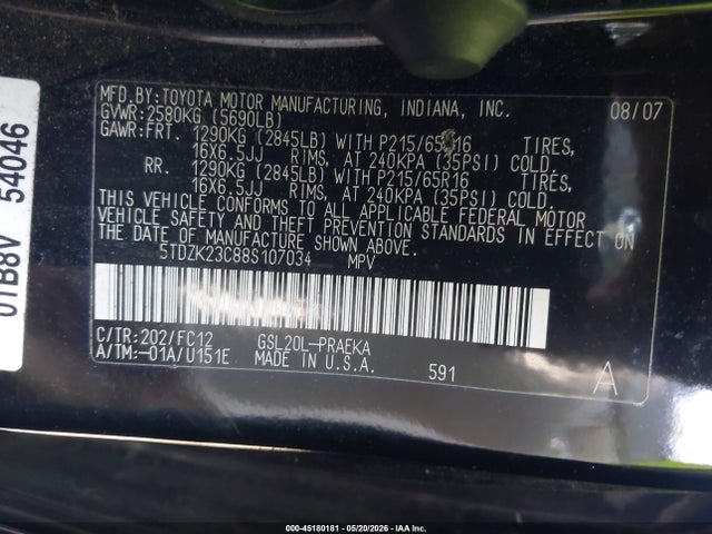 Auction sale of the 2008 Toyota Sienna Le, vin: 5TDZK23C88S107034, lot number: 45180181