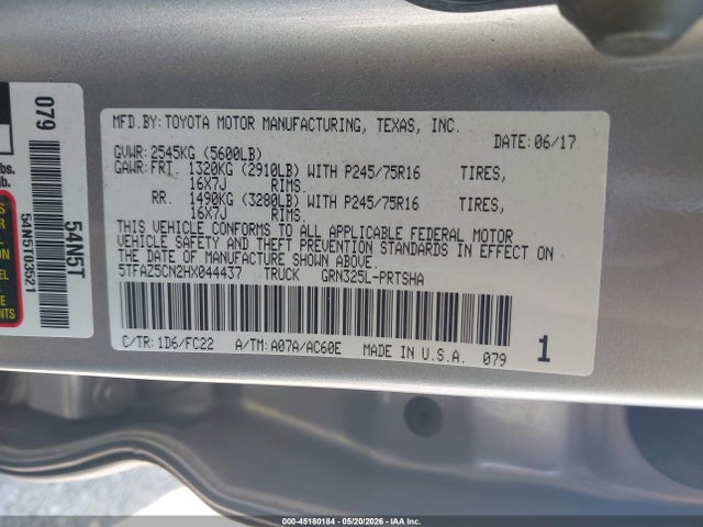 Aukcja sprzedaży 2017 Toyota Tacoma Sr5 V6, vin: 5TFAZ5CN2HX044437, numer aukcji: 45180184