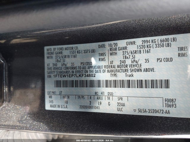 45180183 :رقم المزاد ، 1FTEW1EP7LKF34802 vin ، 2020 Ford F-150 Xlt مزاد بيع
