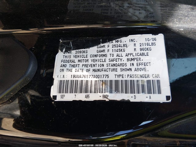 45180189 :رقم المزاد ، 19UUA76577A001775 vin ، 2007 Acura Tl Type S مزاد بيع
