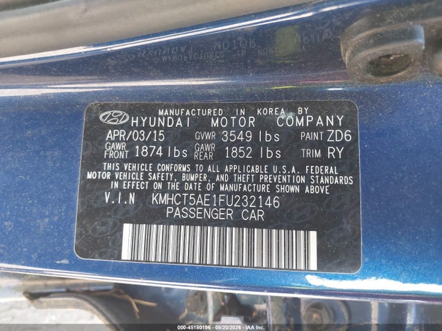 2015 Hyundai Accent Gs მანქანა იყიდება აუქციონზე, vin: KMHCT5AE1FU232146, აუქციონის ნომერი: 45180196