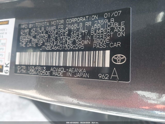 2007 Toyota Camry Le მანქანა იყიდება აუქციონზე, vin: JTNBE46K073090295, აუქციონის ნომერი: 45180202