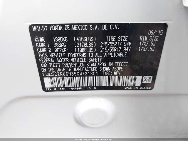 Aukcja sprzedaży 2016 Honda Hr-v Lx, vin: 3CZRU6H35GM721851, numer aukcji: 45180218