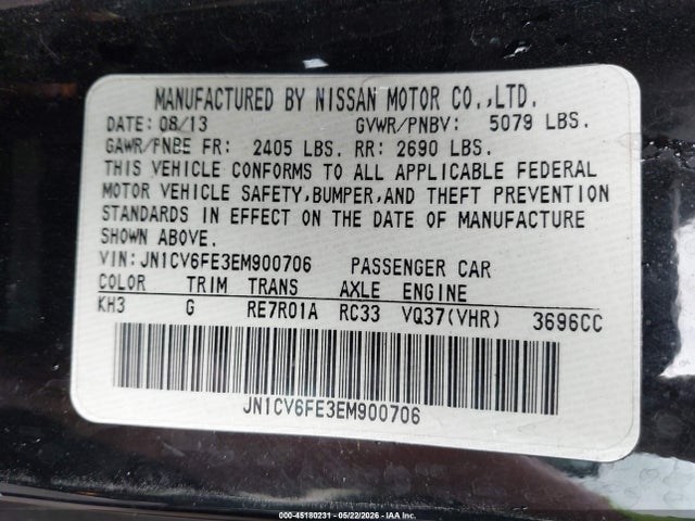 2014 Infiniti Q60 მანქანა იყიდება აუქციონზე, vin: JN1CV6FE3EM900706, აუქციონის ნომერი: 45180231