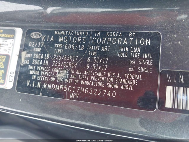 2017 Kia Sedona Lx მანქანა იყიდება აუქციონზე, vin: KNDMB5C17H6322740, აუქციონის ნომერი: 45180236