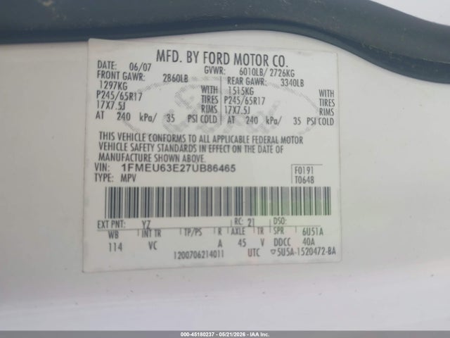 45180237 :رقم المزاد ، 1FMEU63E27UB86465 vin ، 2007 Ford Explorer Xlt مزاد بيع