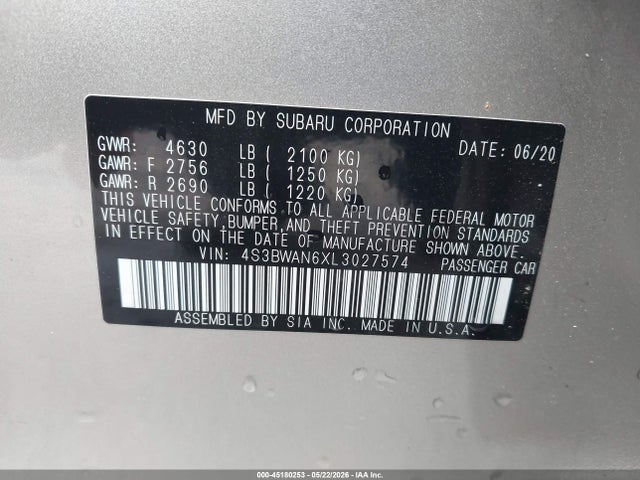 45180253 :رقم المزاد ، 4S3BWAN6XL3027574 vin ، 2020 Subaru Legacy Limited مزاد بيع