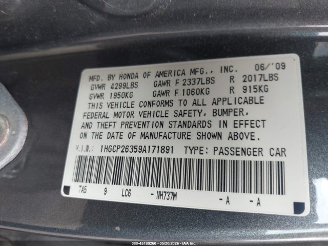 45180260 :رقم المزاد ، 1HGCP26359A171891 vin ، 2009 Honda Accord 2.4 Lx مزاد بيع