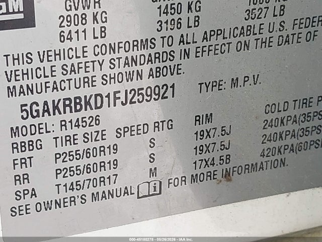 Продажа на аукционе авто 2015 Buick Enclave Leather, vin: 5GAKRBKD1FJ259921, номер лота: 45180278