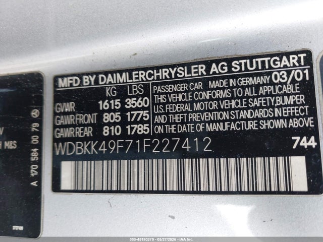 Aukcja sprzedaży 2001 Mercedes-benz Slk 230 Kompressor, vin: WDBKK49F71F227412, numer aukcji: 45180279