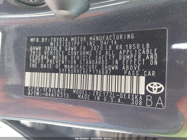 Aukcja sprzedaży 2014 Toyota Corolla S Premium, vin: 5YFBURHE6EP116687, numer aukcji: 45180287